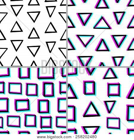 Set Of 4 Seamless Decorative Pattern With Hand Drawn Geometry Shapes. 3d Stereoscopic Effect