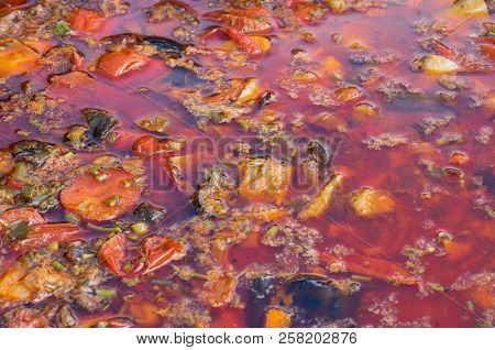 Surface Of Tasty Bograch Hungarian Soup Closeup.