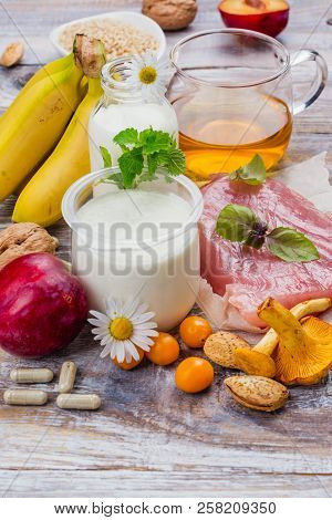 Best Food For Getting Sleep. Foods Rich Of Tryptophene And Melatonin. Healthy Nutrition Concept
