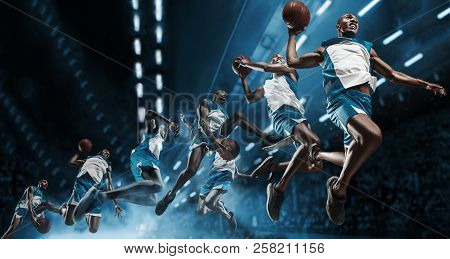 Collage. Basketball Player In Motion Or Movement On Big Professional Arena During The Game. Player M