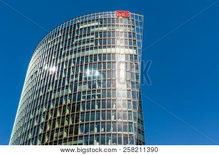 Berlin, Germany - May27, 2017: Deutsche Bahn Sign On Glass Skyscraper In Potsdamer Platz. Deutsche B