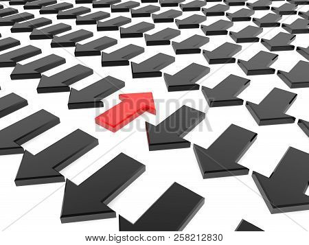 The Opposite Direction Red Arrow Against Black Arrows 3d Illustration