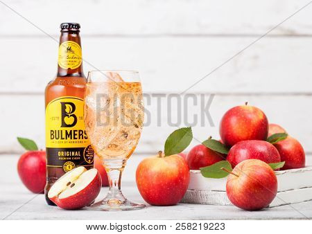 London, Uk - September 13, 2018: Bottle Of Bulmers Original Cider And Glass Of Ice Cubes With Fresh 