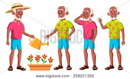 Old Man Poses Set Vector. Black. Afro American. Elderly People. Senior Person. Aged. Beautiful Retir
