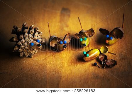 Handmade Mouse Acorn Cone Wooden Sharp Table
