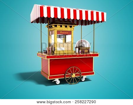 Modern Red Popcorn Machine 3d Rendering On Blue Background With Shadow