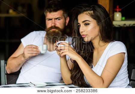 Morning Coffee Tradition. Couple Enjoy Hot Espresso. Having Black Cup Of Coffee When Feel Tensed Or 