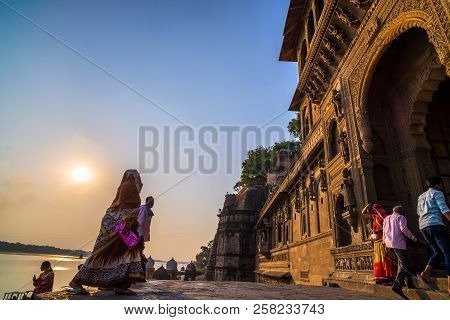Maheshwar, India - November 30, 2017: Indian Tourist Walking To Palace Gate At Maheshwar, Madhya Pra