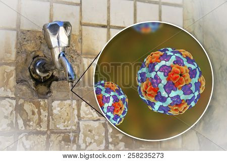 Safety Of Drinking Water Concept, 3d Illustration Showing Hepatitis A Viruses Contaminating Drinking