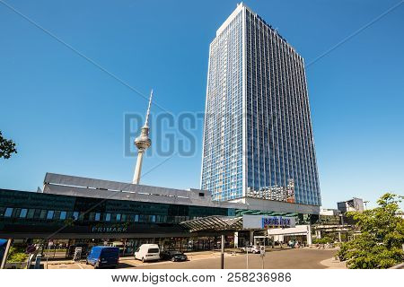 Berlin, Germany - May27, 2017: Park Inn By Radisson Hotel Skyscrapper On Alexanderplatz Square In Be