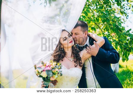 Marriage Concept. Bride And Groom Kissing Outdoor. Newlyweds Couple In Love. Wedding Couple In Love 