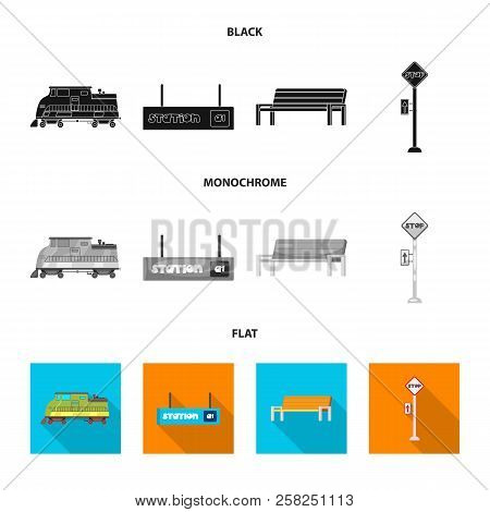 Vector Illustration Of Train And Station Icon. Set Of Train And Ticket Stock Symbol For Web.