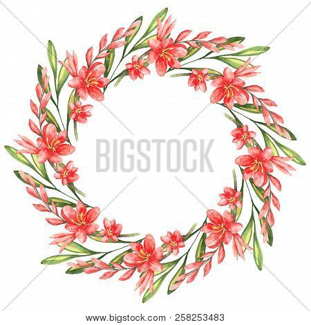 Wreath Of Tender Twigs With Flowers Of Montbretia And Green Leaves