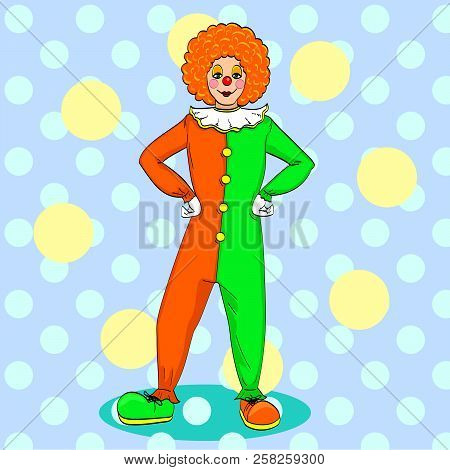 Pop Art Clown Raster. Theater, Circus, A Woman In A Jester Costume. Vintage Background