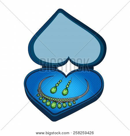 On Gift Box In The Shape Of Heart. Imitation Of The Style Of Comics. Jewelry Set Green. Object On Wh
