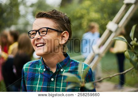 Funny Smiling Laugh Boy Green Shirt Lifestyle Park Portrait Pupil School