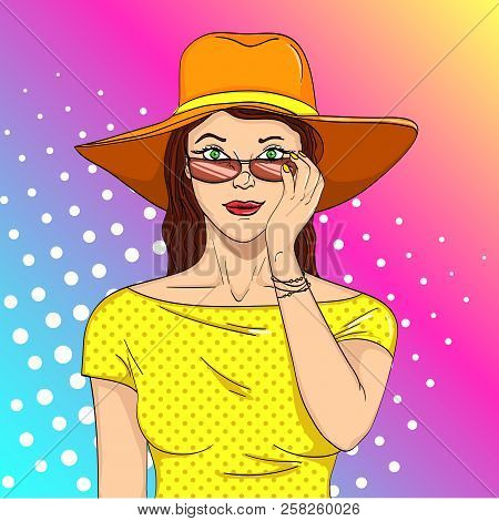 Woman Looks Through Sunglasses Pop Art Retro Raster. Comic Book Style Imitation.