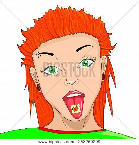 Stamp With Lsd Drug On Tongue Pop Art Retro Illustration. Acid Narcotic. Object On White Background 