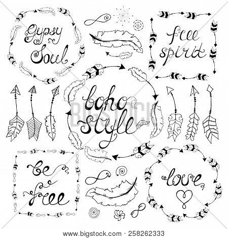 Set Of Boho Style Frames With Place For Your Text. Hand Drawn Bohemian Elements: Arrows, Feathers,wr