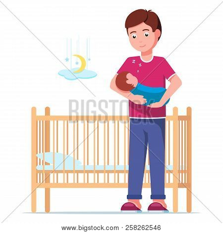 Vector Illustration Of A Young Father Laying A Sleeping Newborn In A Cot. Man Is Holding A Sleeping 