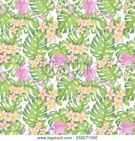 Watercolor Illustration Of Tropical Pattern, Plumeria, Pink Flamingo Leaves Monsters Pattern. Drawin