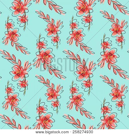 Watercolor Bright Paterrn With Red Flowers Montbretia And Grafic