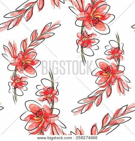 Watercolor Bright Paterrn With Red Flowers Montbretia And Grafic