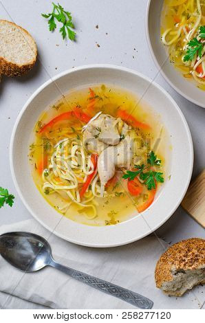 Quail Noodle Soup, Homemade Broth With Noodles And Vegetables Served With Bread Rolls, Zama, Traditi