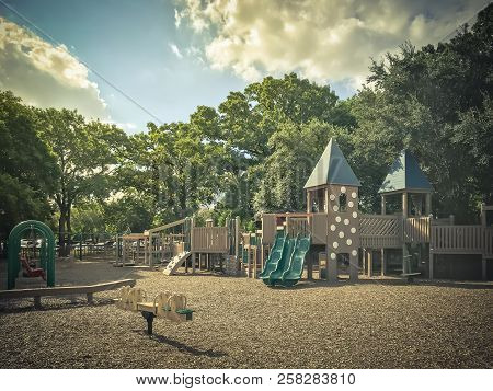 Seesaw At Public Wooden Castle Style Children Playground In America