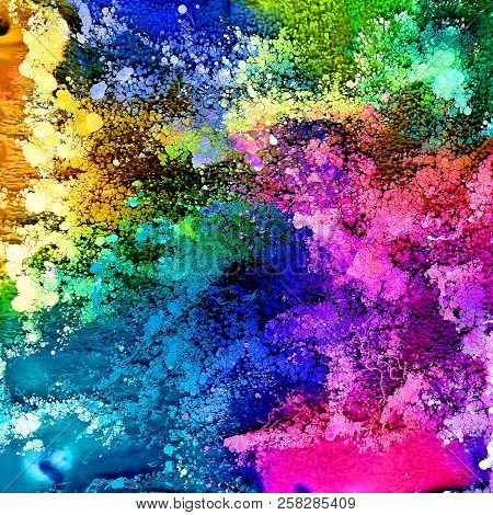 Fluid Art In A Petri Dish. Colorful Alcohol, Ink, Living Colorful Bacteria In A Petri Dish.