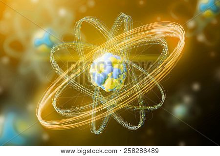 Yellow And Blue Abstract Atom Nucleus Model Over A Blurred Yellow Blue Atoms Background. Concept Of 