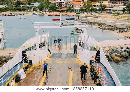 Ouranoupoli, Greece - September 23, 2014: Pilgrims Take A Ferry To The Holy Mountain Athos