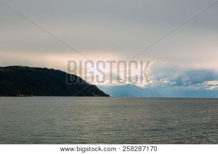 Athos Peninsula, Greece.view From A Ferry. Orthodox Monasteries, Mountains