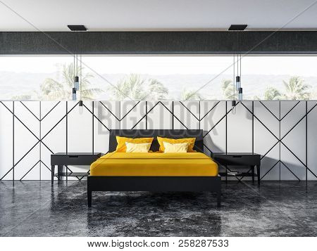 White Geometric Wall Pattern Bedroom Interior With A Concrete Floor, A Panoramic Window And Yellow B