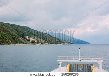 Athos Peninsula, Greece.view From A Ferry. Orthodox Monasteries, Mountains