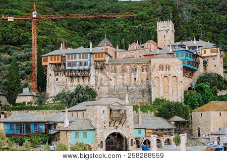 Athos Peninsula, Greece.view From A Ferry. Orthodox Monasteries, Mountains