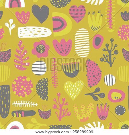 Scandinavian Style Kids Seamless Abstract Colorful Vector Pattern With Heart, Flowers, Plants, Rainb