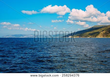 Athos Peninsula, Greece.view From A Ferry. Orthodox Monasteries, Mountains