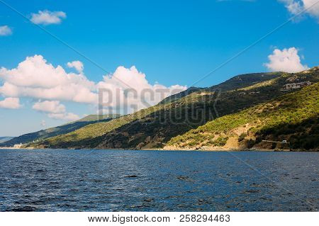 Athos Peninsula, Greece.view From A Ferry. Orthodox Monasteries, Mountains
