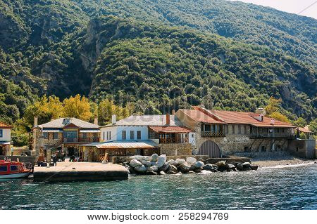 Athos Peninsula, Greece.view From A Ferry. Orthodox Monasteries, Mountains