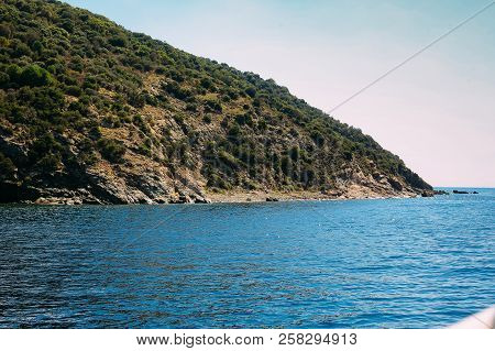 Athos Peninsula, Greece.view From A Ferry. Orthodox Monasteries, Mountains