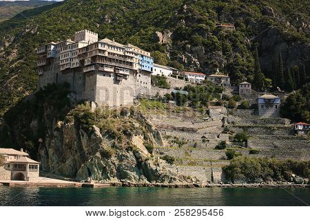 Athos Peninsula, Greece.view From A Ferry. Orthodox Monasteries, Mountains