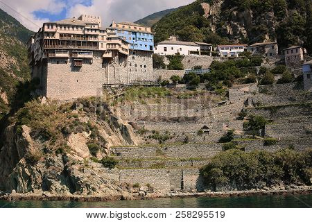 Athos Peninsula, Greece.view From A Ferry. Orthodox Monasteries, Mountains