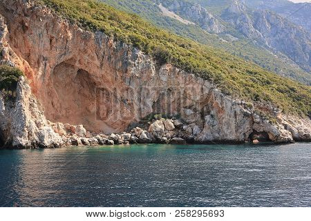 Athos Peninsula, Greece.view From A Ferry. Orthodox Monasteries, Mountains