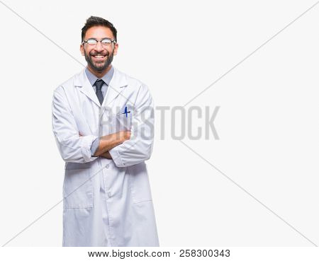 Adult hispanic scientist or doctor man wearing white coat over isolated background happy face smiling with crossed arms looking at the camera. Positive person.