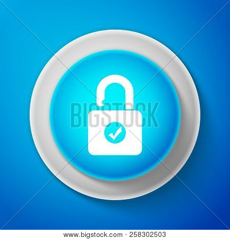 White Open Padlock And Check Mark Icon Isolated On Blue Background. Security Check Lock Sign. Circle