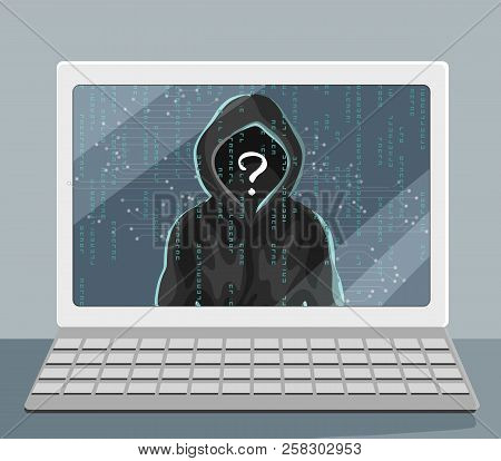 Unknown Human In Hood On Laptop Screen. Hacking And Security Problem