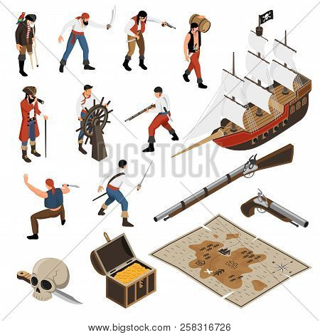 Set Of Isometric Icons Armed Mariners Accessories Of Pirates Sail Boat With Jolly Roger Isolated Vec