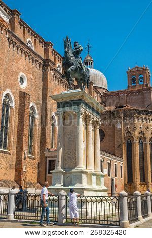 Venice, Italy - 17.08.2018: Bronze Equestrian Statue Bartolomeo Colleoni In Front Of The Renaissance