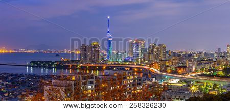 Panorama View Of Hakata Cityscape Skyline In Fukuoka, Japan.